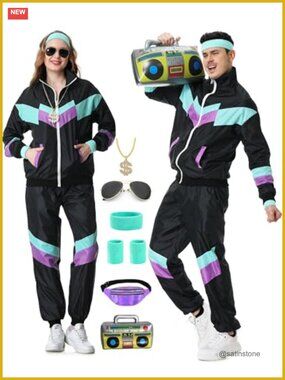 80s 90s Retro Tracksuit Costume Set Unisex Polyester Windbreaker